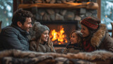 A family gathers around a fireplace surrounded by doublepaned glass doors. The caption reads Enjoy the ambiance of a roaring fire while keeping your home energyefficient with