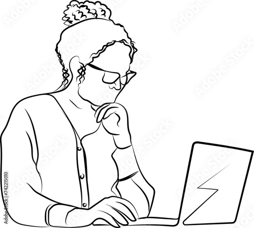 Business icon, illustration of a woman facing a labtop at work in a line art style