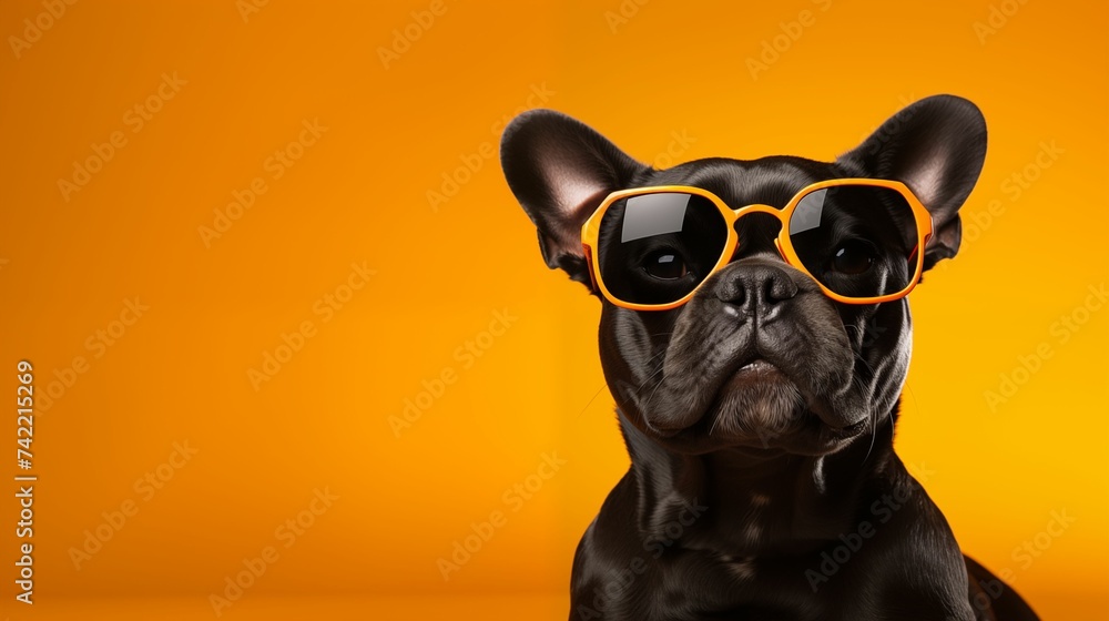 Black Bulldog Wearing Yellow Sunglasses Isolated on Yellow Background with Copy Text Space. Generative AI