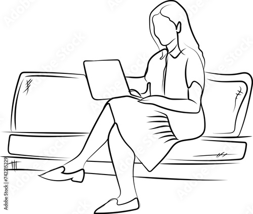 Business icon, illustration of a woman sitting on a sofa working and holding a labtop in a line art style.