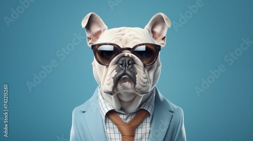 White Bulldog Wearing Blue Suit and Sunglasses Isolated on Blue Background. Generative AI © SALEEM