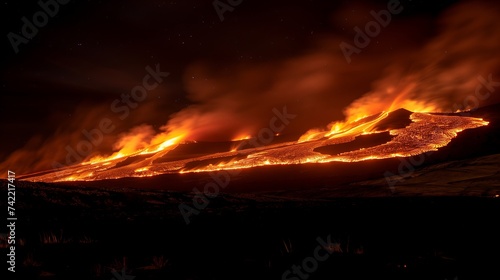 An active volcano erupts at night, casting a dramatic glow over the dark, rugged landscape with flowing molten lava.