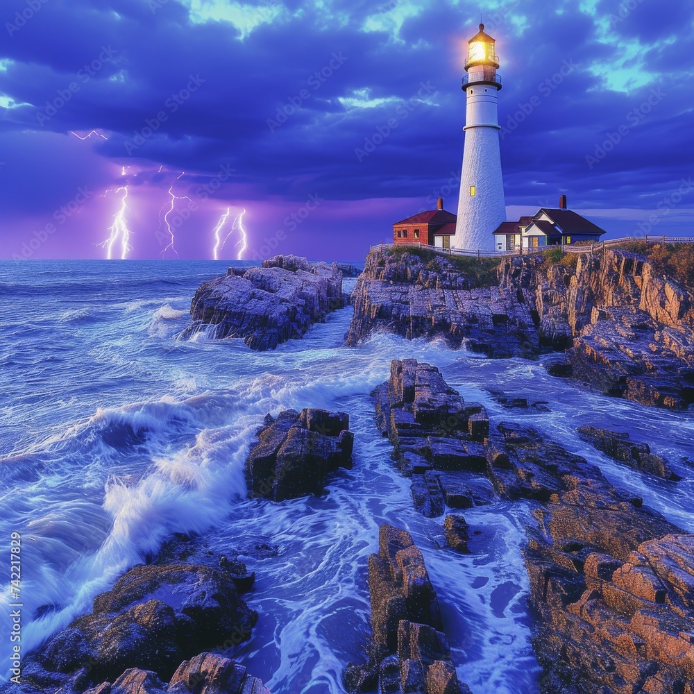 Lighthouse Overlooking Stormy Ocean with Lightning Show