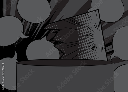 Comic Book Product podium stage for mockup presentation, retro pop art vintage background.