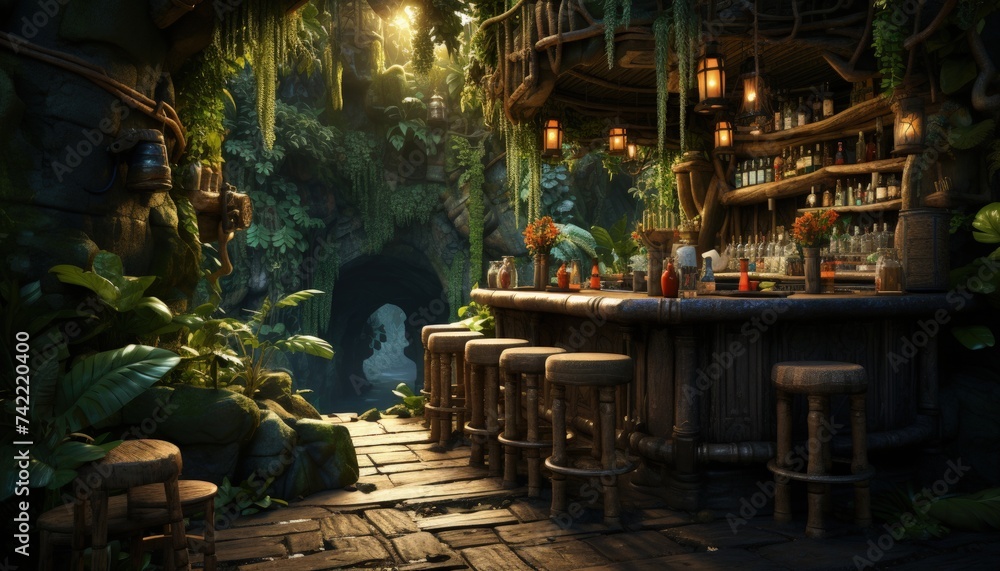 A tropical tiki bar with exotic drinks