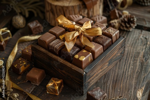array of exquisite chocolates, each with its unique texture and filling, is presented in a wooden gift box, creating a visual feast © Supardi
