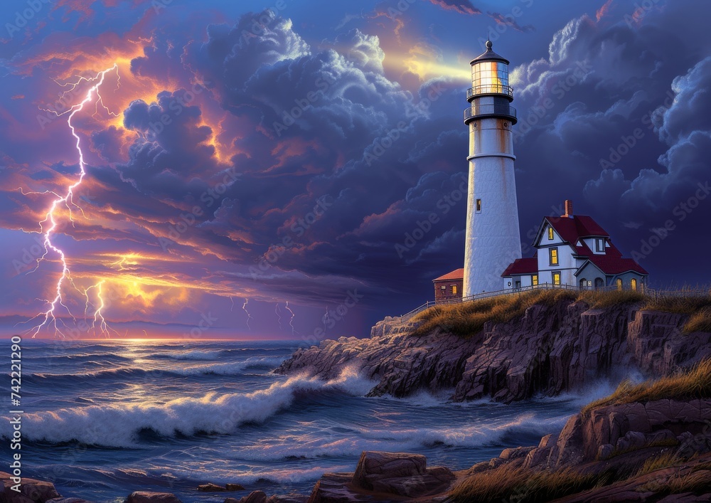 Artistic Lighthouse Storm Illustration, Oceanic Lightning Display