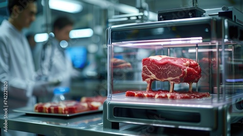 Lab grown meat. Showcasing the future of food with cultured beef in high tech laboratory. Innovative food technology. Sustainable and ethical alternative to traditional meat production. Generative AI photo