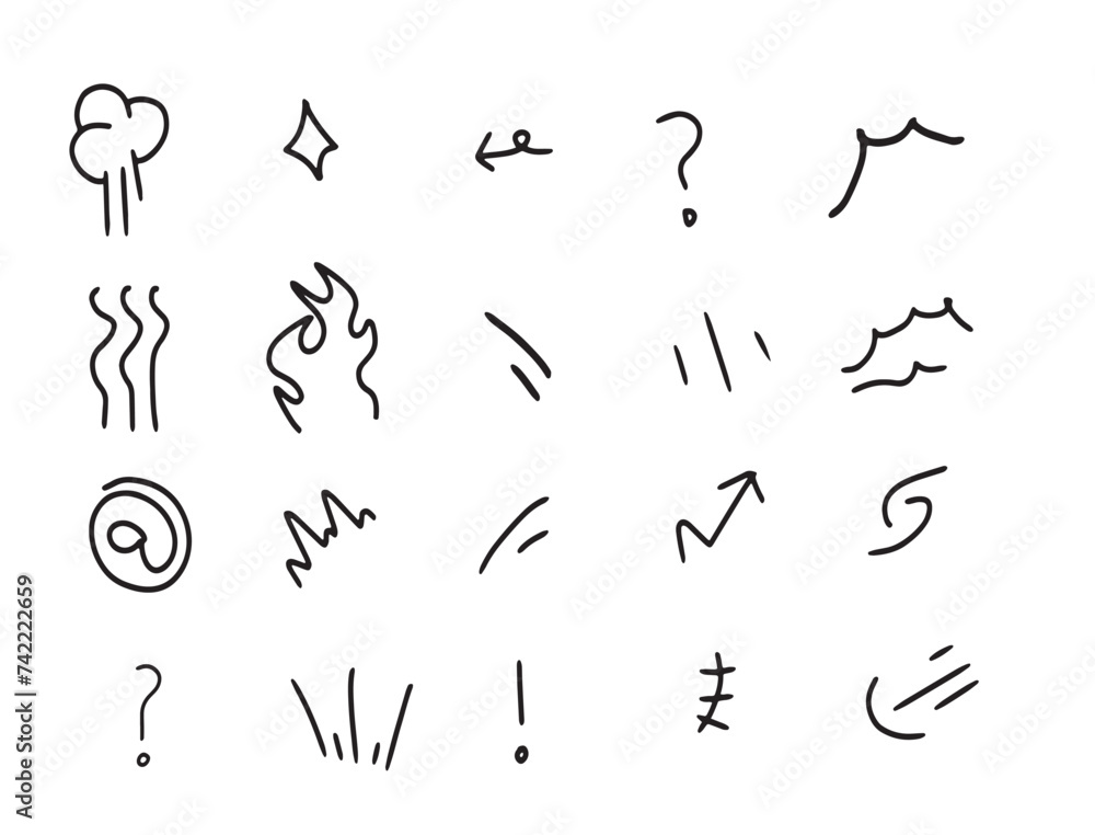 Vector set of hand-drawn cute cartoony expression sign doodle line stroke. movement drawing, curve directional arrows, emoticon effects design elements, cartoon character emotion symbols Vector set of hand-drawn cute cartoony expression sign doodle line stroke. movement drawing, curve directional arrows, emoticon effects design elements, cartoon character emotion symbols