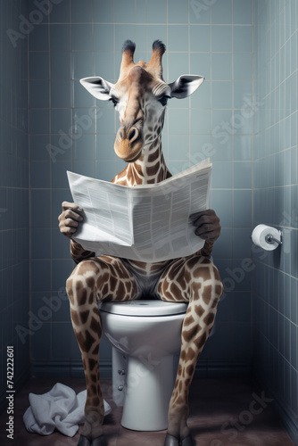 Humorous image of a giraffe dressed in business attire, reading a newspaper while seated on a toilet in a grey-tiled restroom