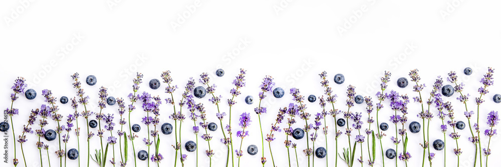 Abstract banner with lavender flowers and blueberries on white background. Spring, summer, nature background.