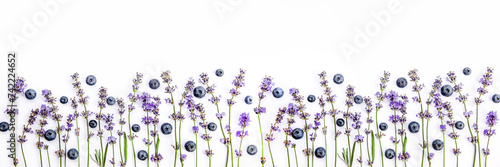 Obraz na płótnie Abstract banner with lavender flowers and blueberries on white background. Spring, summer, nature background. w salonie