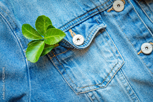 Obraz na płótnie Close-up of a green leaf in a blue denim jacket pocket. A concept of sustainable slow fashion, circular economy, eco friendly clothing w salonie