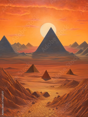 Golden Egyptian Pyramids Twilight Vintage Painting Landscape - Evening Desert Vistas