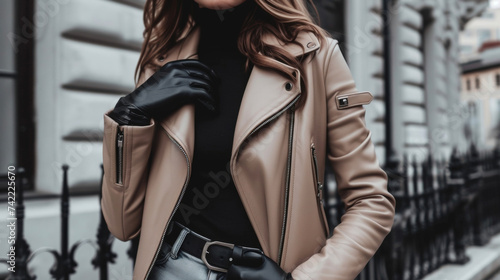 A taupe leather moto jacket paired with a black turtleneck and skinny jeans accessorized with a pair of leather gloves and ankle boots. This timeless and edgy look is perfect © Justlight