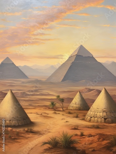 Valley Landscape  Golden Egyptian Pyramids Vintage Painting Views
