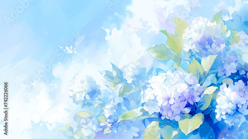 青紫色の紫陽花と美しい青空の水彩イラスト背景