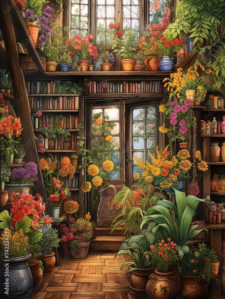 Vintage Botanical Garden Alcoves Art Print from a Magical Bookshop Scene