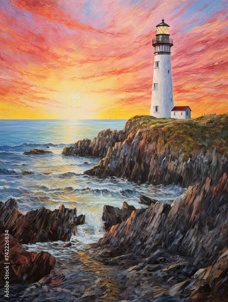 Majestic Dawn: Lighthouse at Sunrise on Cliffside Beacon Painting