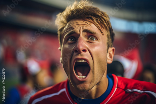 Close-Up View Surprised American male Soccer fans with flag colors