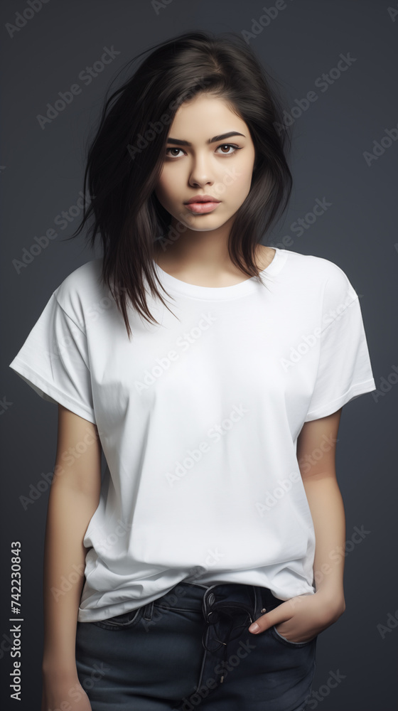 portrait of a woman, relaxed and wearing a white shirt, blank shirt against a neutral grey background for tshirt mockup portrait of a woman, relaxed and wearing a white shirt, blank shirt against a neutral grey background for tshirt mockup