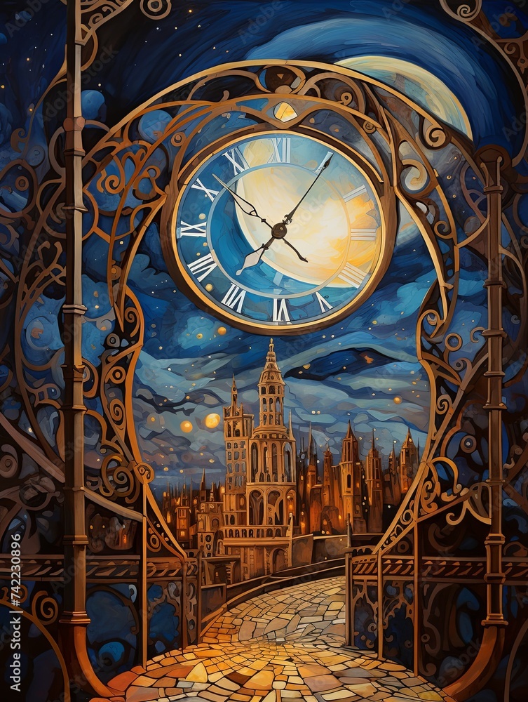 Fototapeta premium Timeless Clock Tower Art - Abstract Landscape of Clockwork View
