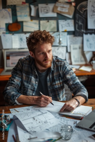 Startup founder drafting a business plan on a notepad, surrounded by inspirational quotes and sketches, capturing the entrepreneurial spirit in Startup Office Space, Generative AI1