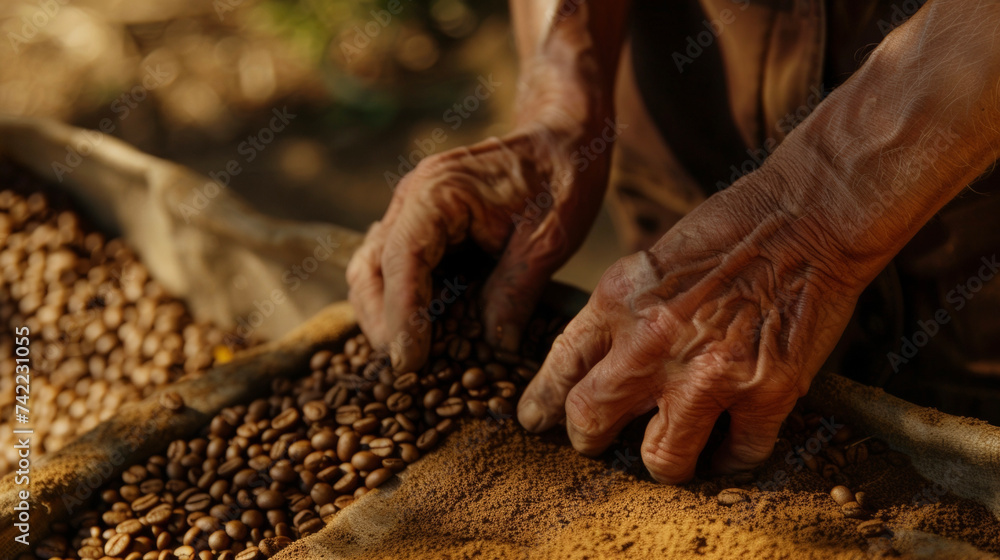 A closeup of worn calloused hands sorting through freshly picked coffee beans separating the high quality beans from the damaged or defective ones. A closeup of worn calloused hands sorting through freshly picked coffee beans separating the high quality beans from the damaged or defective ones.
