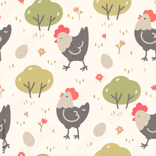 Easter seamless pattern with laying hens and eggs