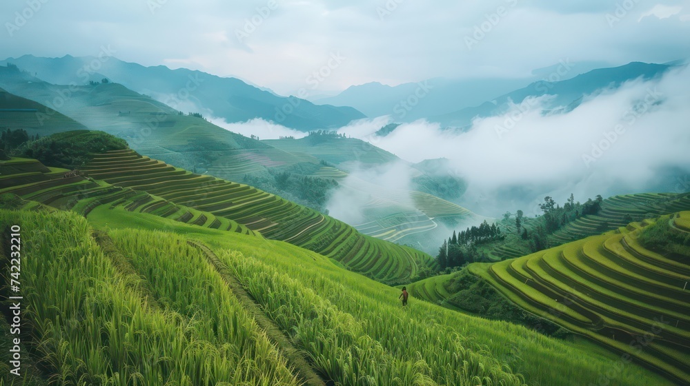 Terraced fields, adorned with lush green rice paddies, extend into the distance, where mountains rise against a backdrop of white clouds in a blue sky, creating a breathtaking vista.
