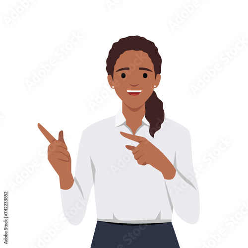 Joyful woman pointing finger at copy space. Flat vector illustration isolated on white background