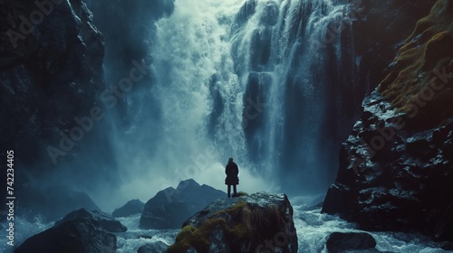 Powerful waterfall plummets down a rugged cliff into a mist-covered abyss, showcasing the raw force of nature. photo