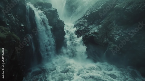 Powerful waterfall plummets down a rugged cliff into a mist-covered abyss, showcasing the raw force of nature.