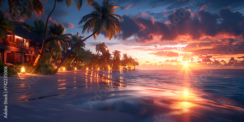 A beach with palm trees and sunset in background a stunningly realistic beach scene in summer season background and wallpaper    photo