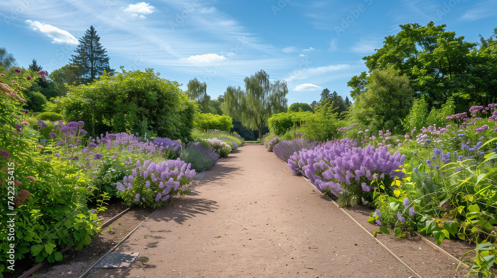 Fototapeta premium Pathway to Serenity: Blooming Lilac Bushes Lining Sun-Dappled Garden Path, Fragrant Spring Flowers, Tranquil Nature Walk, Soft Focus Sunshine