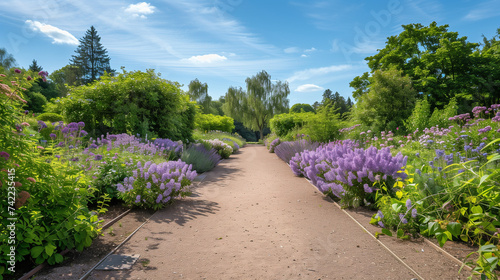 Pathway to Serenity: Blooming Lilac Bushes Lining Sun-Dappled Garden Path, Fragrant Spring Flowers, Tranquil Nature Walk, Soft Focus Sunshine