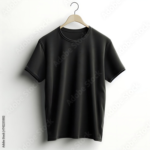 Front Empty Black tshirt with hanger template on white background, Ai Generated