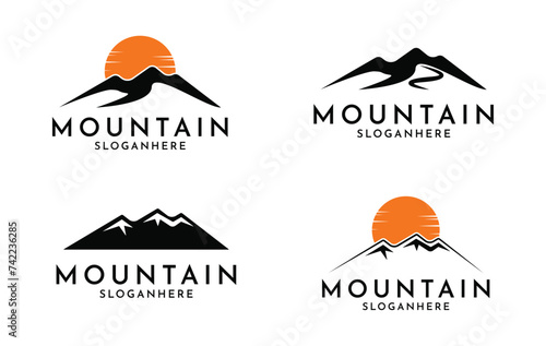 Mountain logo design concept idea, mountain and sun logo design set collection