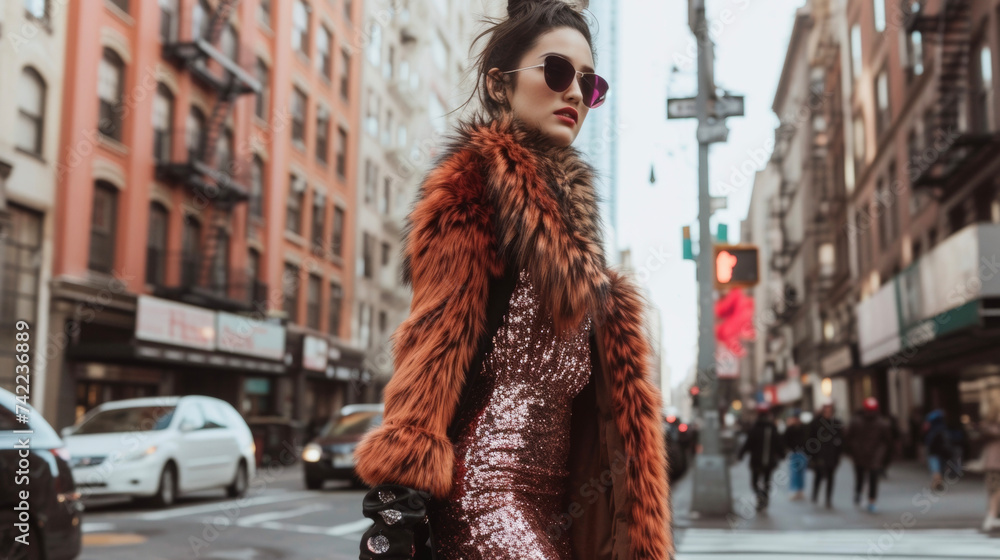 A fashionforward look featuring a cropped fur coat layered over a sequin dress and finished with statement boots. The bustling city streets in the background add to the bold