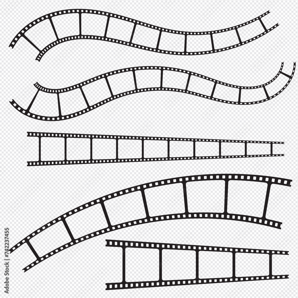 Curved film strip. Roll of retro film strip. Photographic film in retro style. Cinema icon set. Flat vector illustration isolated on white background.