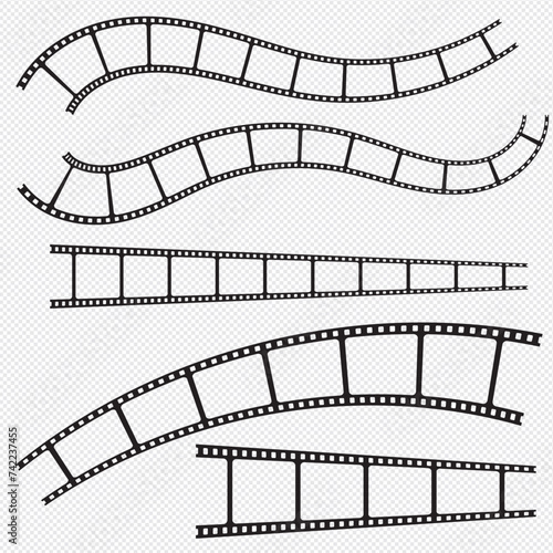 Curved film strip. Roll of retro film strip. Photographic film in retro style. Cinema icon set. Flat vector illustration isolated on white background.