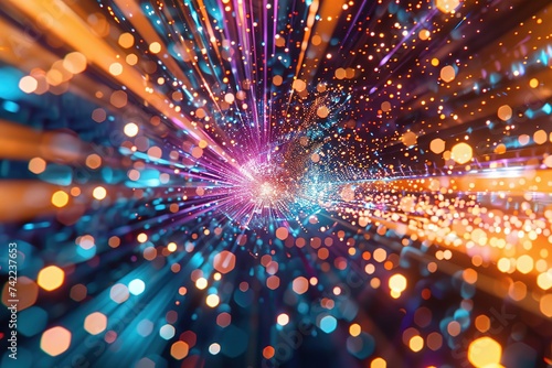 Colorful explosion of digital pixels in light pattern. Perspective. Abstract virtual cyberspace data stream. Futuristic background, beautiful photo