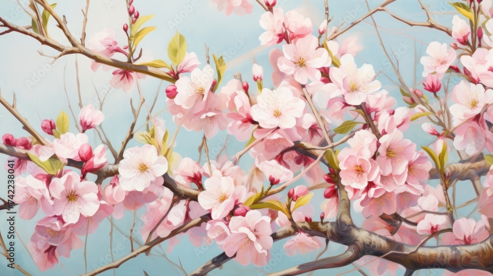 Obraz premium A tree branch with spring pink flowers. A branch of a fruit tree. Delicate atmospheric background and texture.