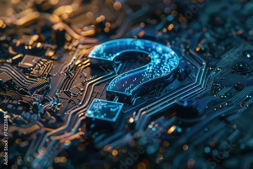 Illustration Symbol of a blue question mark on a digital circuit board. Technology theme. Beautiful futuristic background.