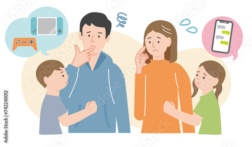 スマホやゲーム機をほしがる子どもと、悩みながら首をかしげる若い夫婦
