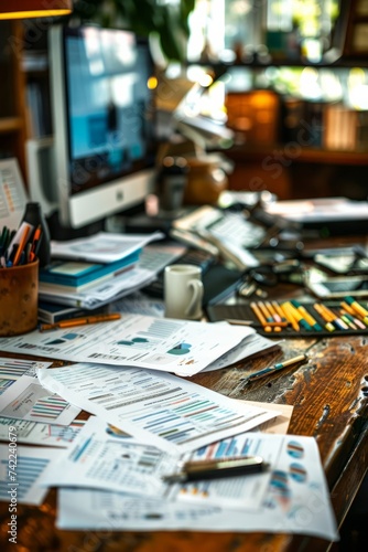 Busy office desk covered with various business documents, pens, and a computer, illustrating the daily hustle and bustle of corporate life, Generative AI