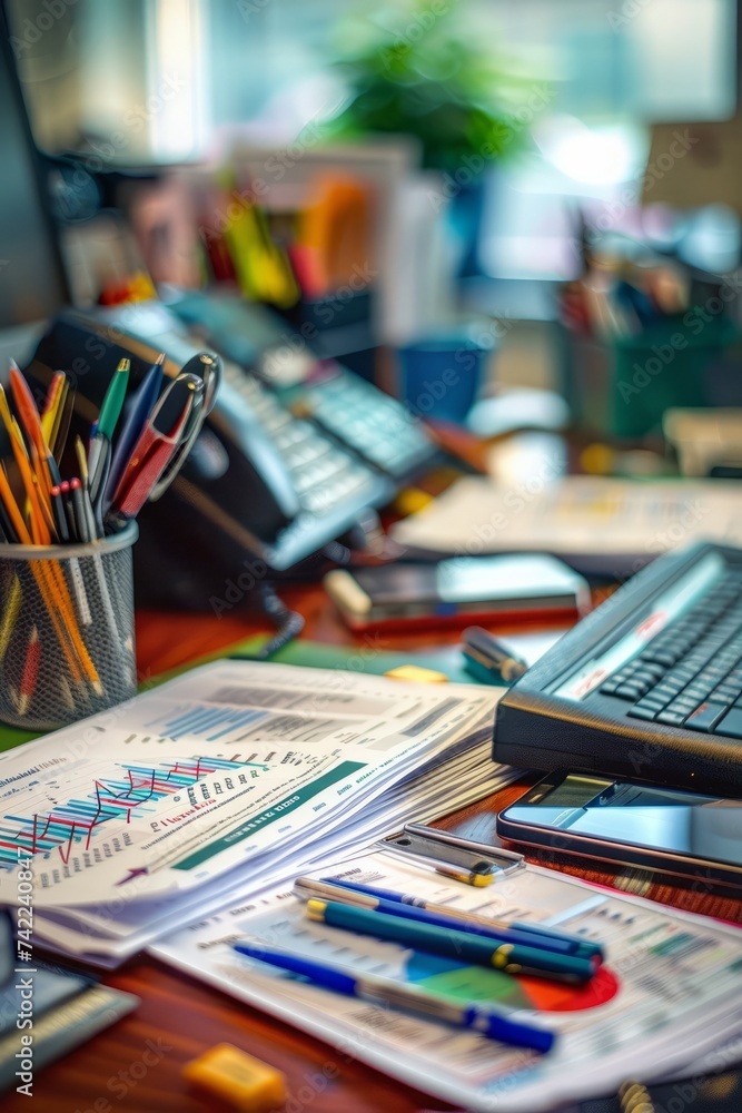 Busy office desk covered with various business documents, pens, and a computer, illustrating the daily hustle and bustle of corporate life, Generative AI Busy office desk covered with various business documents, pens, and a computer, illustrating the daily hustle and bustle of corporate life, Generative AI