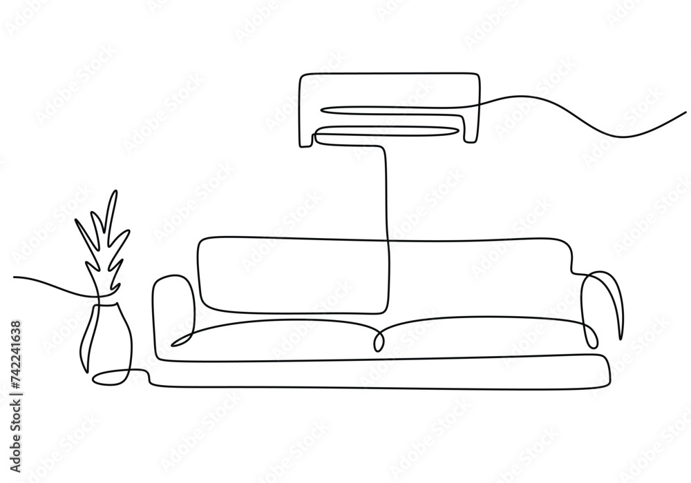 One line drawing of Living room with modern furniture. Single ...