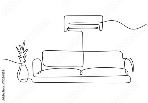 One line drawing of Living room with modern furniture. Single continuous line art vector illustration.