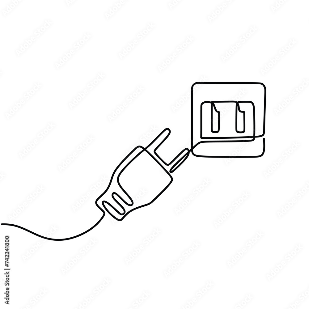 Obraz premium Continuous line art drawing of a plug inserted into an electric outlet in a minimalist black linear design. Isolated on a white background. Vector illustration electrical socket.